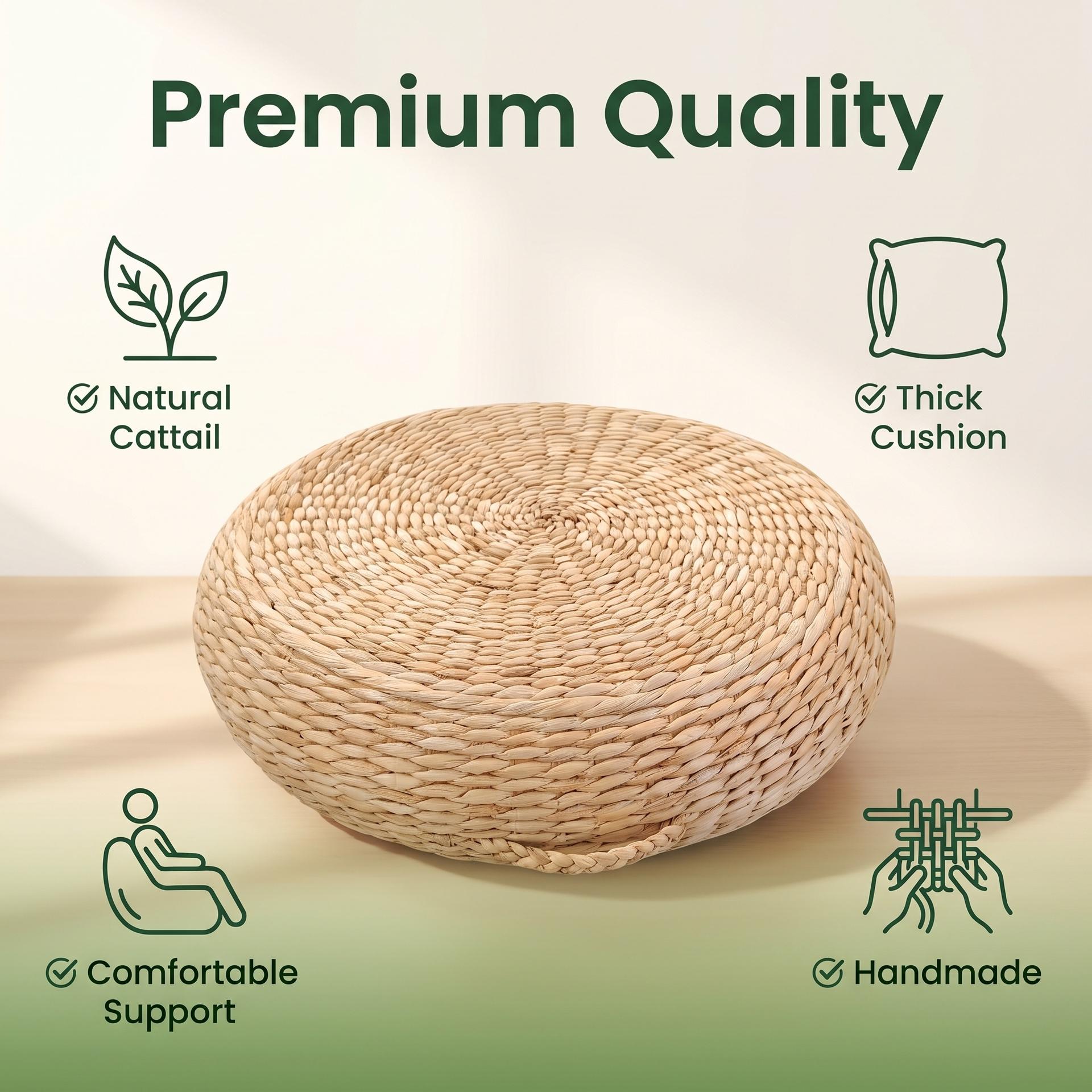 Round Handwoven Cattail Floor Cushion with Handle