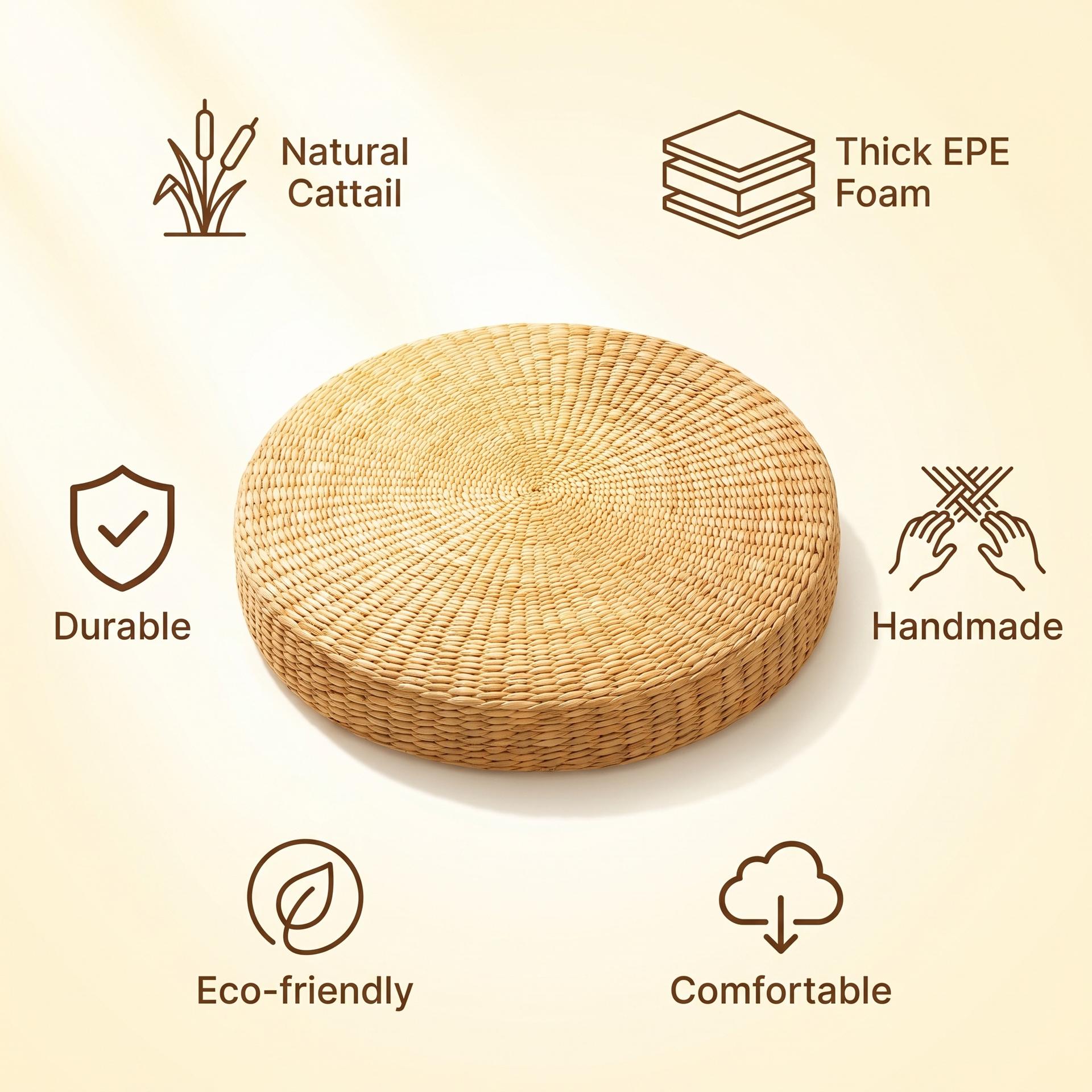 Natural Cattail Round Floor Cushion with Thick EPE Foam | Handmade Woven Tatami Seat Cushion