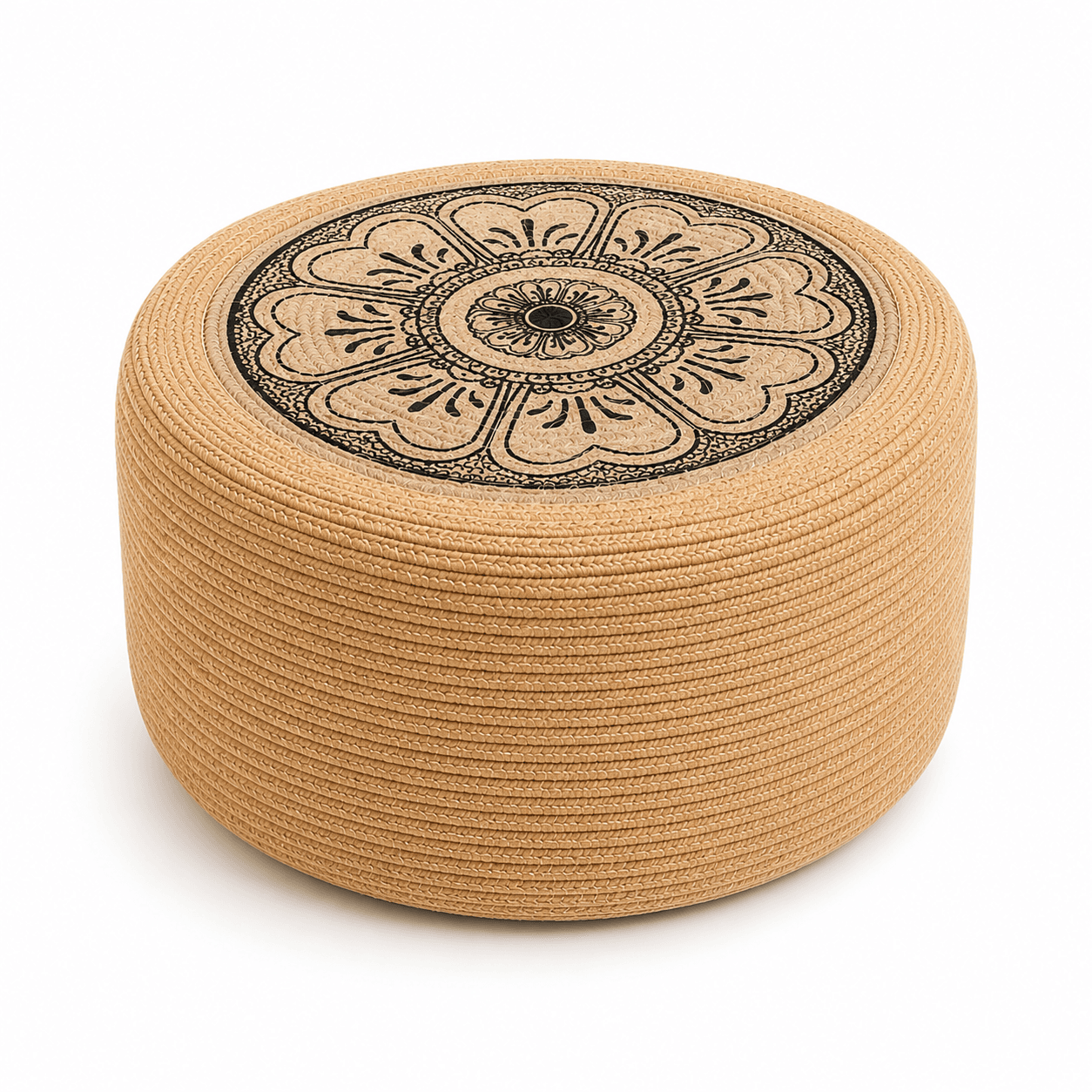 Handmade Round Cotton Linen Floor Pouf with Ethnic Pattern | Thick High-density EPE Foam Seat Cushion