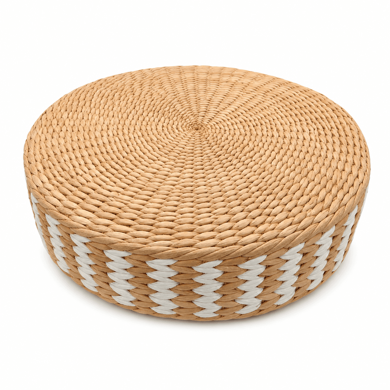 White Patterned Natural Cattail Round Floor Cushion | Handwoven Wicker Boho Seating